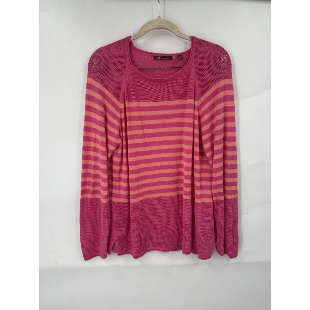 525 America Striped Long Sleeve Sweater Women XL Pink Preppy Retro Open Knit